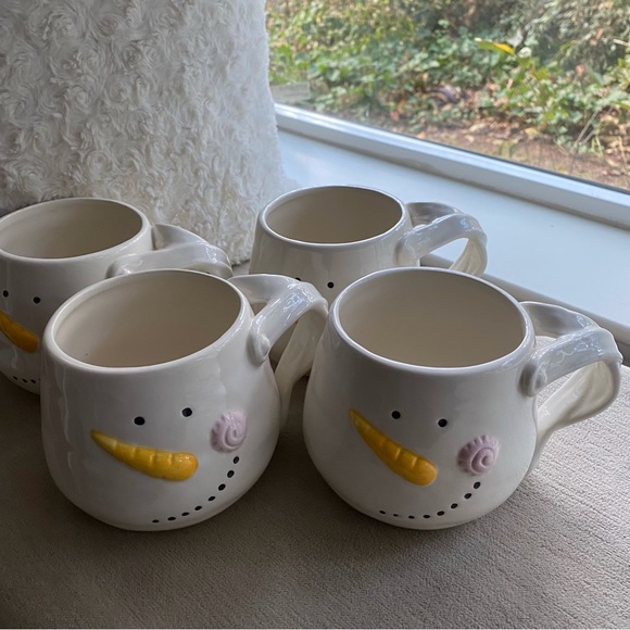 Pier 1 Dining Snowman Mugs Set Of 4 Hand Painted 28oz Pier New